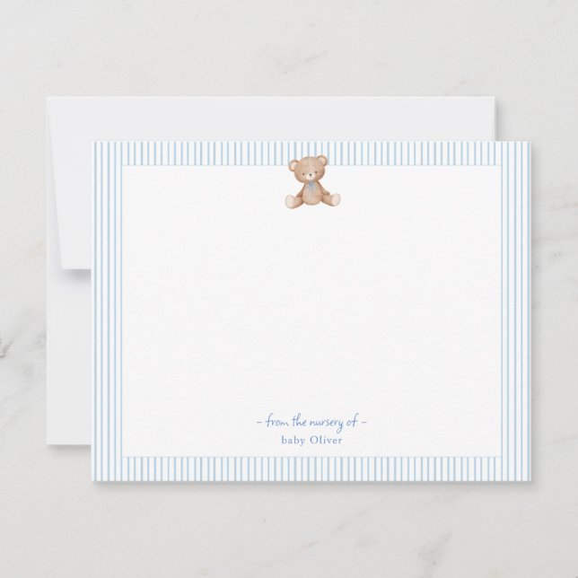 Teddy Bear Baby Boy blue and white border Thank You Card (Front)
