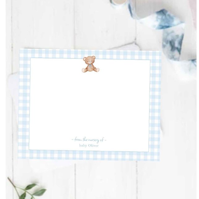 Teddy Bear Baby Boy blue and white Gingham Border Thank You Card (Creator Uploaded)