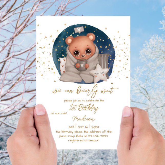 Teddy Bear Baby Boy First Birthday Invitation (Creator Uploaded)