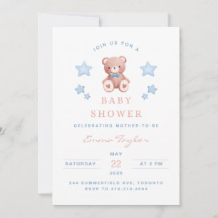 Teddy Bear Baby Boy Shower - Soft Blue Stars Invitation