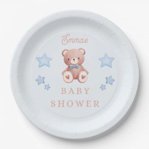 Teddy Bear Baby Boy Shower - Soft Blue Stars Paper Plate