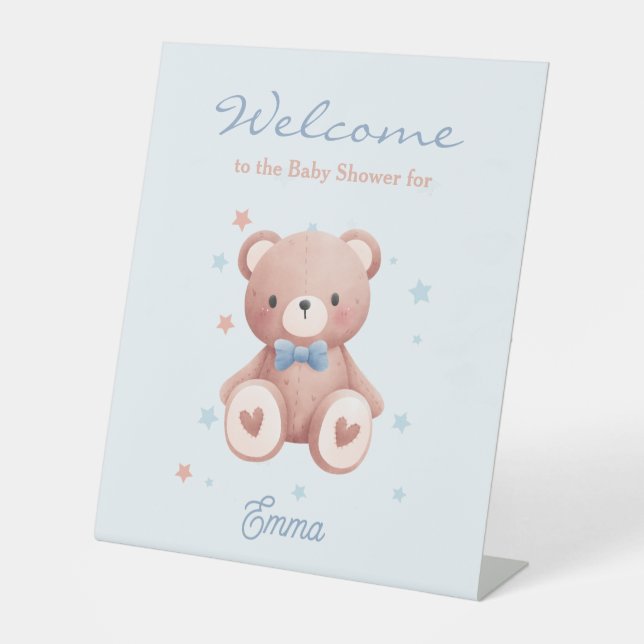 Teddy Bear Baby Boy Shower with Soft Blue Stars Pedestal Sign (Front)
