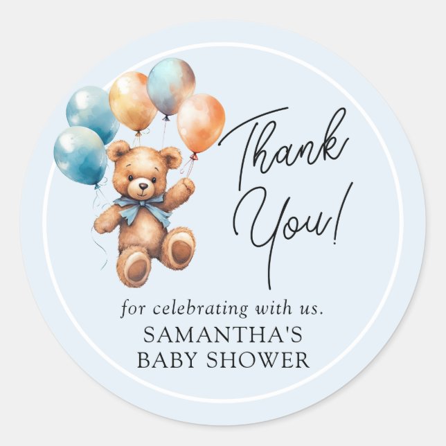 Teddy Bear Baby Boy Thank You Baby Shower Classic Round Sticker (Front)