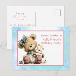 Teddy Bear Baby Girl Birthday Invitation Postcard
