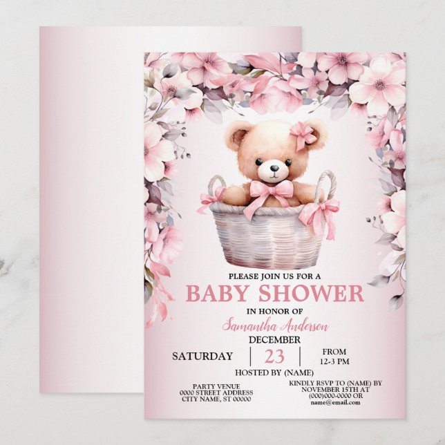 Teddy Bear Baby Girl Pink Flowers Baby Shower  Invitation (Front/Back)