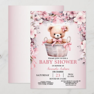 Teddy Bear Baby Girl Pink Flowers Baby Shower Invitation
