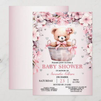 Teddy Bear Baby Girl Pink Flowers Baby Shower Invitation