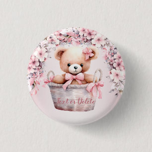 Teddy Bear Baby Girl Pink Flowers Party Elegant 3 Cm Round Badge