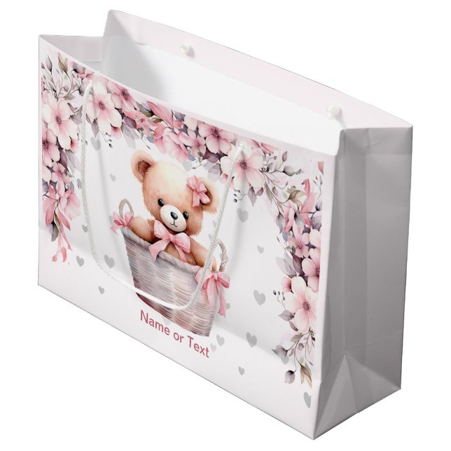Teddy Bear Baby Girl Pink Flowers Party Elegant Large Gift Bag (Front Angled)