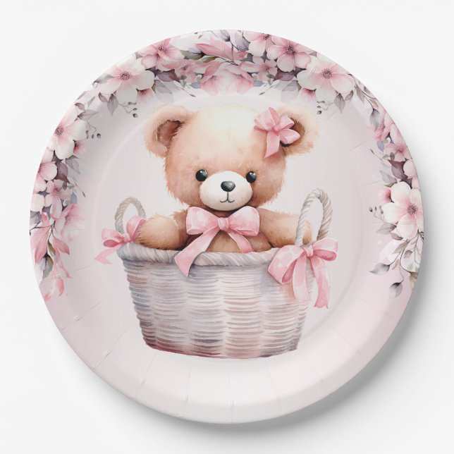 Teddy Bear Baby Girl Pink Flowers Party Elegant Paper Plate (Front)