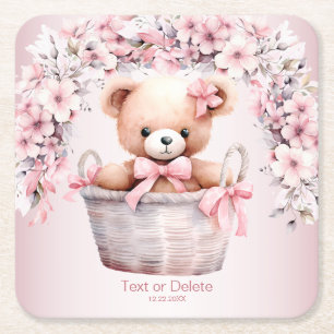 Teddy Bear Baby Girl Pink Flowers Party Elegant Square Paper Coaster