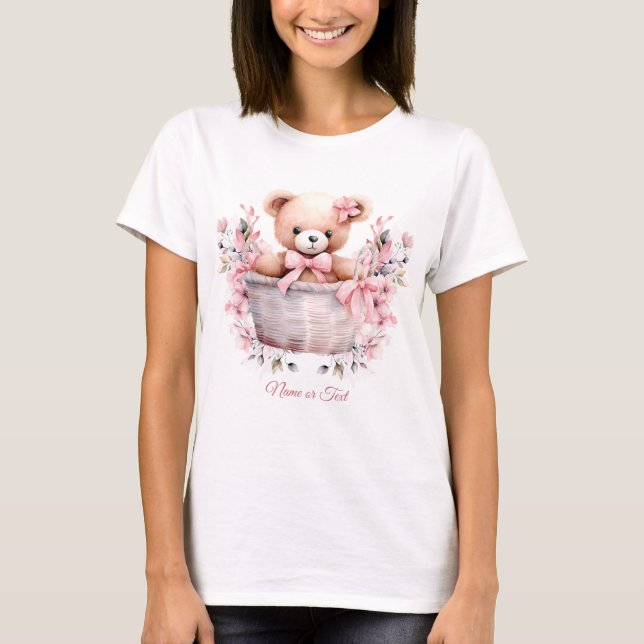 Teddy Bear Baby Girl Pink Flowers Party Elegant T-Shirt (Front)