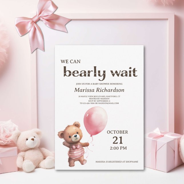 Teddy Bear Baby Girl Shower Invitation (sweet pink teddy bear we can bearly wait baby girl shower invitation, cute classic custom invite)
