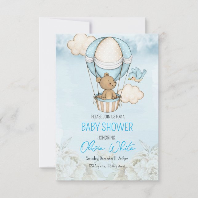 Teddy Bear Baby Shower Air Balloon Boy Baby Shower Invitation (Front)