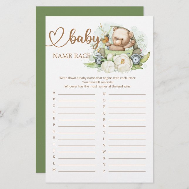 Teddy Bear Baby Shower Baby Name Race Game (Front/Back)