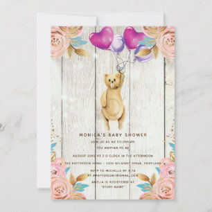 Teddy Bear Baby Shower Balloon Rustic Invitation