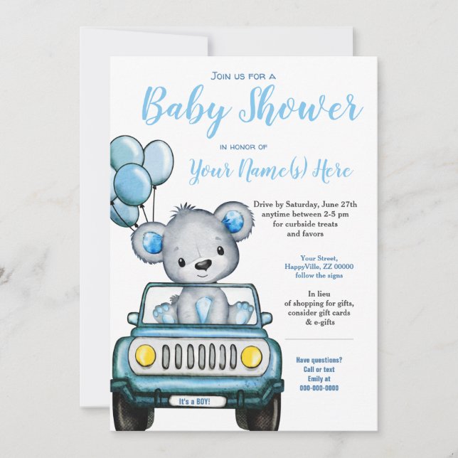 Teddy Bear Baby Shower Bear Car Invitation (Front)