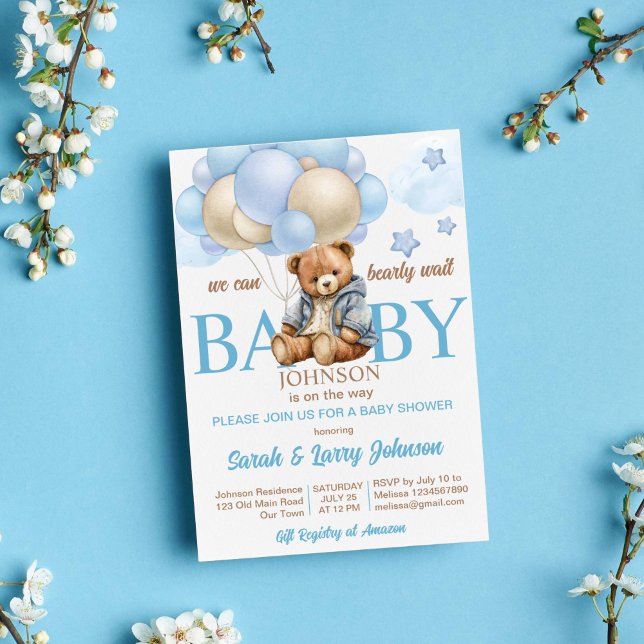 Teddy bear baby shower bearly wait cute teddy invitation (Teddy bear with balloons baby shower invitation template instant download cute teddy in a jacket blu)