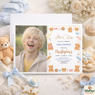 Teddy Bear Baby Shower Boy   Cute Blue Bear  Invitation