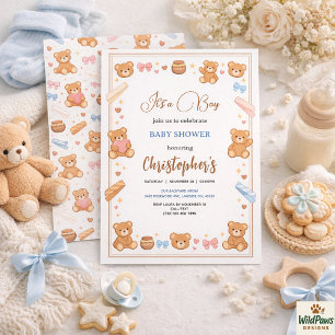 Teddy Bear Baby Shower Boy   Cute Blue Bear  Invitation