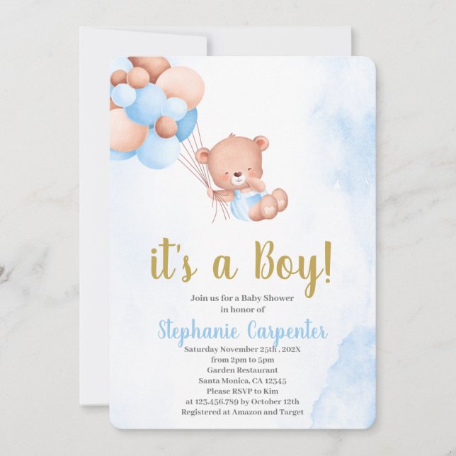 Teddy bear baby Shower Boy Invitation (Front)