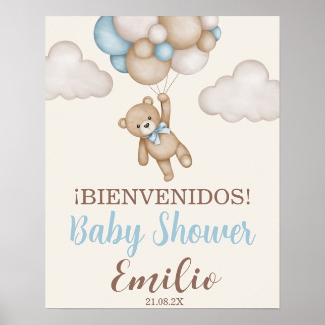Teddy Bear Baby Shower Boy Spanish Welcome Sign (Front)