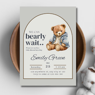 Teddy Bear Baby Shower Can Bearly Wait Minimalist Invitation