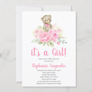 Teddy Bear Baby Shower Girl Invitation