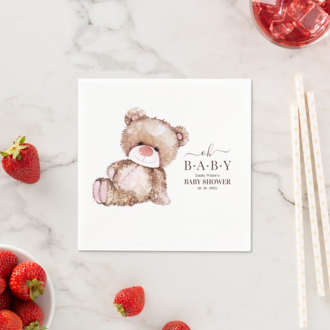 Teddy Bear Baby Shower, Girl Pink Bear Baby Shower Napkin (Insitu)