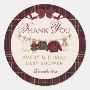 Teddy Bear Baby Shower Girl Plaid Burgundy Bow  Classic Round Sticker
