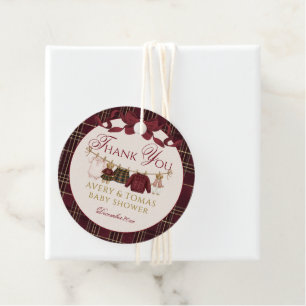 Teddy Bear Baby Shower Girl Plaid Burgundy Bow  Favour Tags