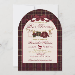 Teddy Bear Baby Shower Girl Plaid Burgundy Bow  Invitation
