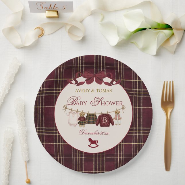 Teddy Bear Baby Shower Girl Plaid Burgundy Bow  Paper Plate (Wedding)