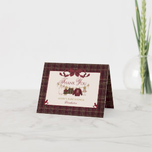 Teddy Bear Baby Shower Girl Plaid Burgundy Bow  Thank You Card