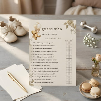 Teddy Bear Baby Shower Guess Who Game, Neutral Be Invitation
