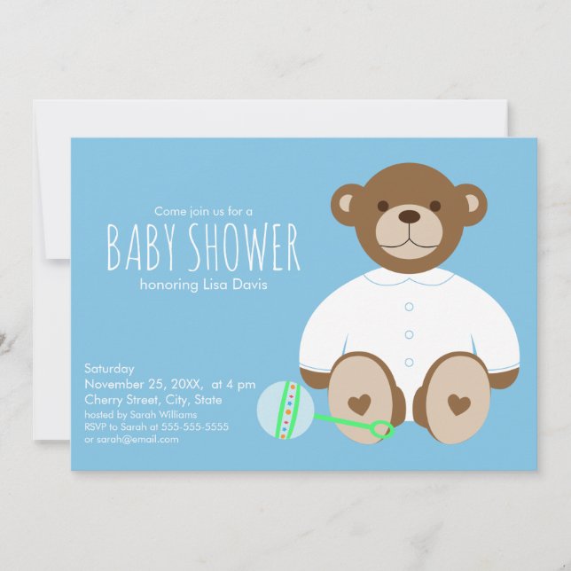 Teddy Bear Baby Shower Invitation, blue background Invitation (Front)