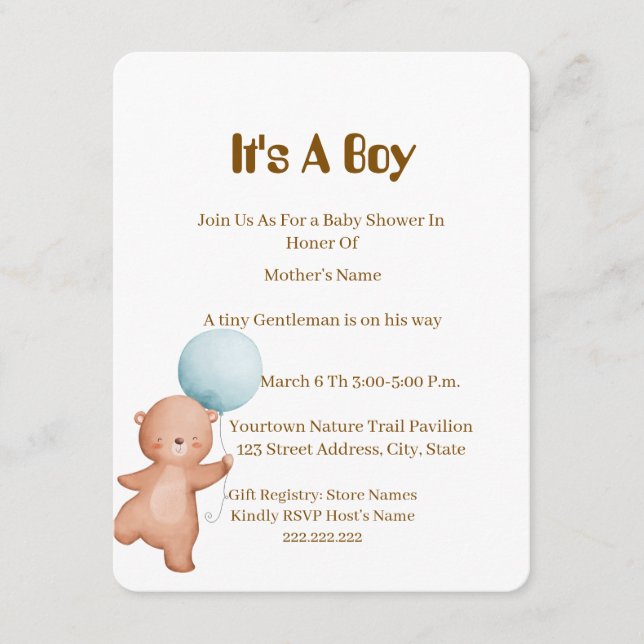 Teddy Bear Baby Shower Invitation Boy, (Front)