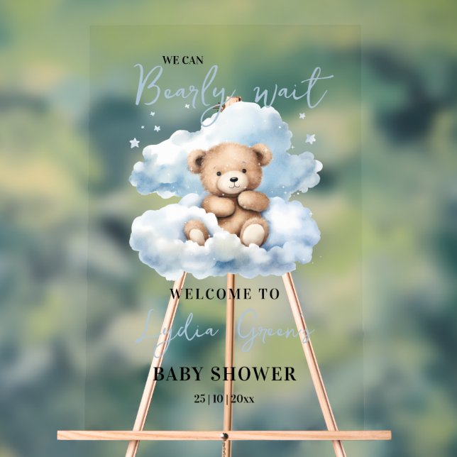 Teddy Bear Baby Shower Invitation, Can Bearly Wait Acrylic Sign (Neutral)