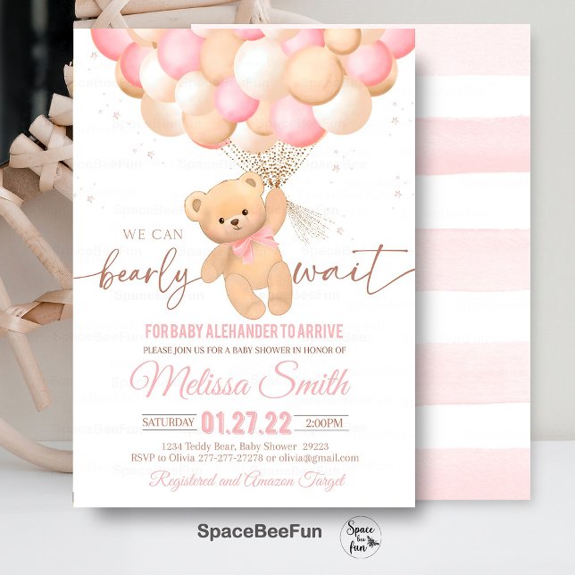 Teddy Bear Baby Shower Invitation We Can Bearly Wa (Teddy Bear,Baby Shower,Invitation,We Can Bearly,Wait girl,hot air balloon,Bear Theme,Baby Shower inv)