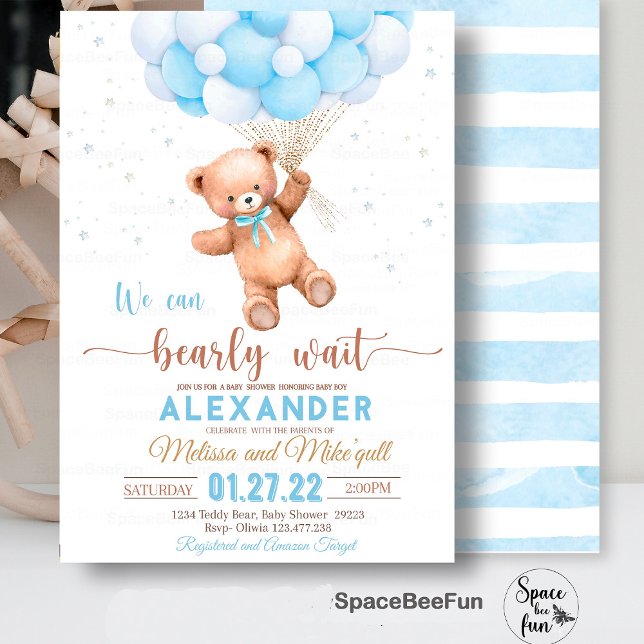 Teddy Bear Baby Shower Invitation We Can Bearly Wa (Teddy Bear baby shower boy,Baby Shower bear invitation,boho bohemian bear,We Can Bearly Wait invites)