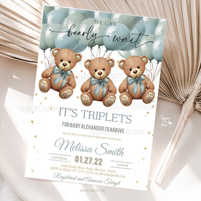Teddy Bear Baby Shower  it's TRIPLETS Invitation (teddy bear baby shower, triplets baby shower invitation, we can bearly wait triplets, baby shower in)