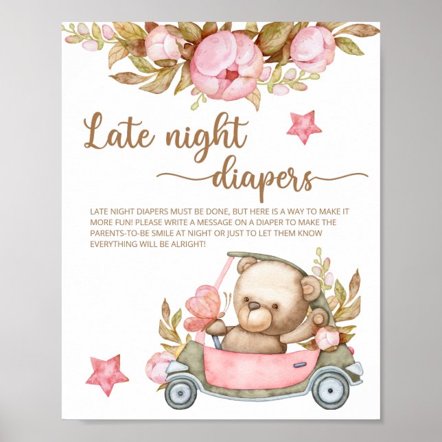 Teddy Bear Baby Shower Late Night Diapers Poster (Front)