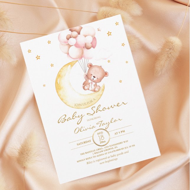 Teddy Bear Baby Shower Moon and Stars Girly  Invitation (Creator Uploaded)