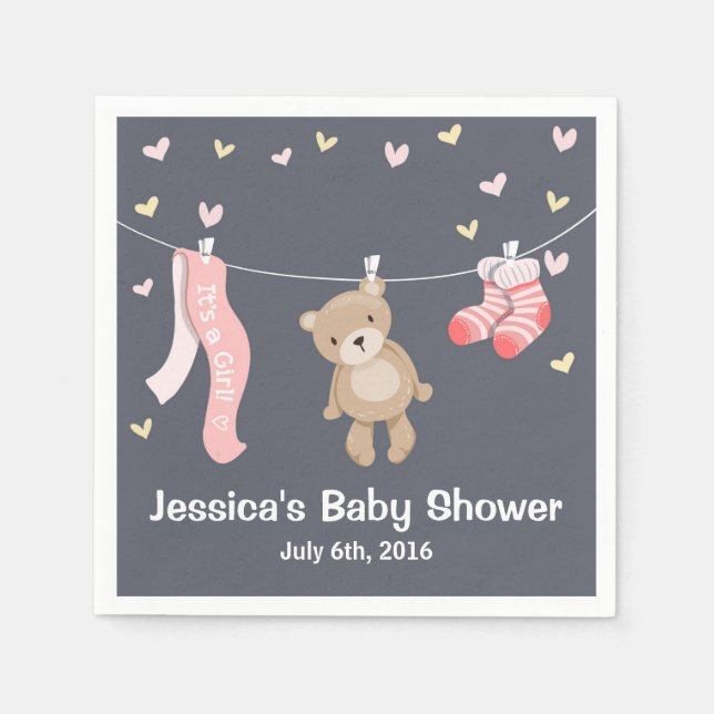 Teddy Bear Baby Shower Paper Napkin Girl Grey Pink (Front)