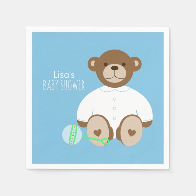 Teddy Bear Baby Shower Paper Napkin - on blue (Front)