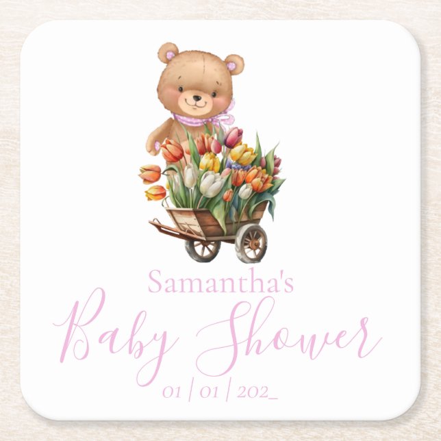 Teddy Bear Baby Shower pink rustic floral Square Paper Coaster (Front)
