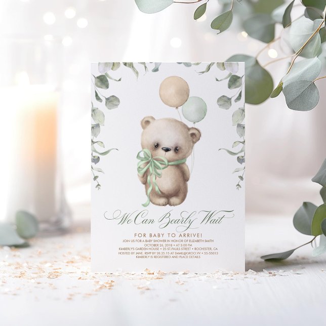 Teddy Bear Baby Shower Sage Green and Brown Invitation (We Can Bearly Wait - Cute Bear Themed Beige and Sage Baby Shower Invitations)