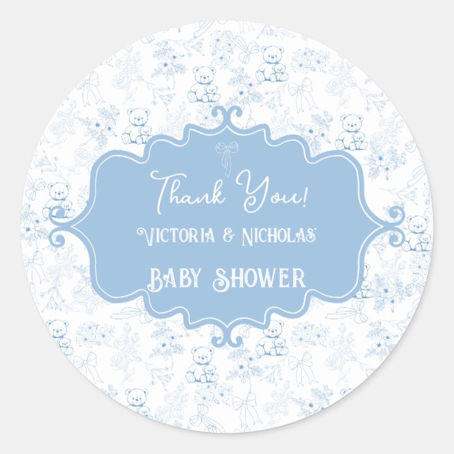 Teddy Bear Baby Shower Toile Blue Thank You Classic Round Sticker (Front)
