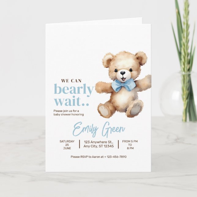 Teddy Bear Baby Shower, We Can Bearly Wait Boy  Invitation (Front)