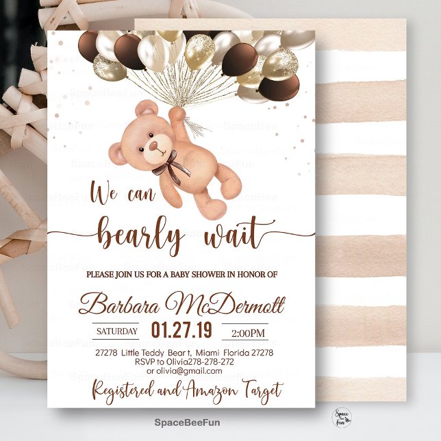Teddy Bear Baby Shower We can bearly wait  Invitation (All products in this store are copyright SpaceBeeFunParty © All SpaceBeeFunParty products are for PE)